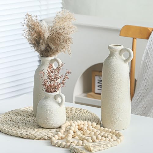 Ceramic Vase Set of 3 with Handle, Neutral Rustic Vases Home Decor Farmhouse Decorative Vase Whitewashed Pottery Decor Mod...