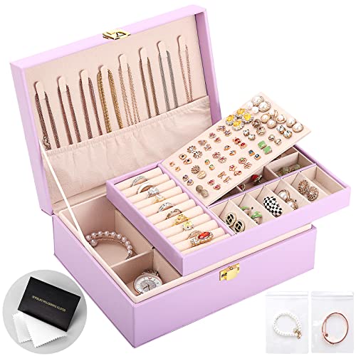 Jewelry Box for Girls Women Leather Jewelry Organizer with Lock Double Layers Jewelry Storage Case Removable Tray for Neck...