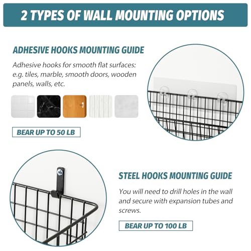 4 Set [EXTRA LARGE] Hanging Wall Mount Storage Baskets with Adhesive Hooks & Steel Hooks, Multiuse Sturdy Wire Metal Organ...
