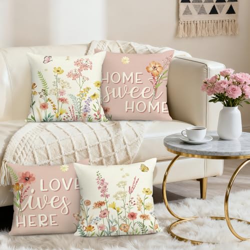 Bonhause Spring Floral Throw Pillow Covers 18x18 Inch Outdoor Pink Garden Wildflowers Plants Farmhouse Decorative Polyeste...