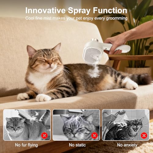 Pet Steam Brush for Dog & Cat, 3-in-1 Self Cleaning Cat Brush for Long & Short Haired Animals Low Noise, Anti-Static & Ant...