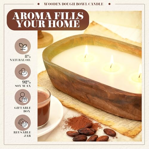 Threlaco 1 Pack 10 Inch Wood Dough Bowl Candles Home Rustic Dough Bowl Soy Candle 3 Wick Scented Candles Gifts for Men Wom...