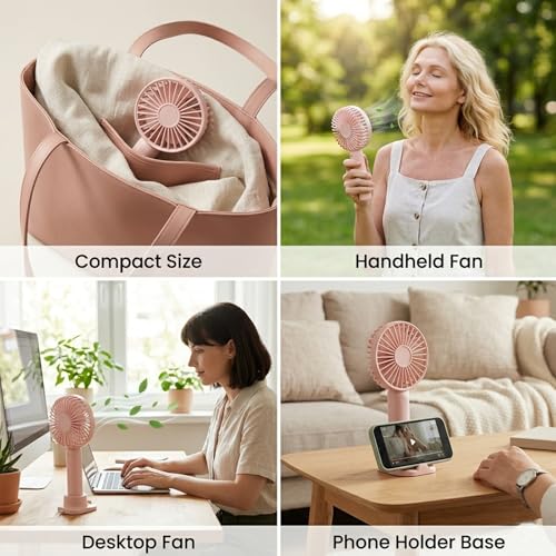 Linlinwill Portable Handheld Fan 2 Pack, USB Rechargeable Mini Fan, Ultra Quiet, 3 Speeds with Phone Holder Base, All Day ...