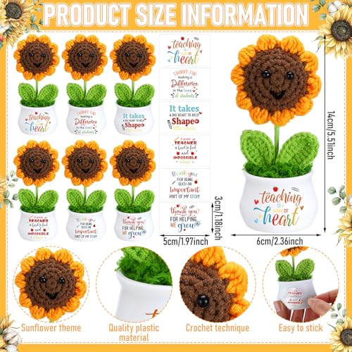 6 Pcs Teacher's Day Gift Bulk Teacher Appreciation Gift for Women Thank You Crochet Sunflower with Sticker Retirement Grad...