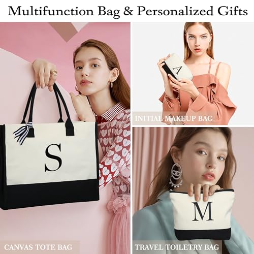 YOOLIFE Mothers Day Gifts - Initial Canvas Tote Bag & Makeup Bag, Birthday Gifts for Women Mom Sister Friends