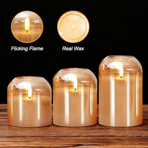Homemory Glass Flameless Candles, Battery Operated Plliar Candles Realistic Flickering, LED Electric Light with Remote and...