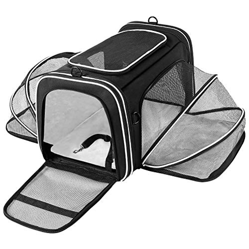 MASKEYON TSA Airline Approved Large Pet Travel Carrier,4 Sides Expandable with 2 Mesh Pockets,3 Entry, Soft Sided Collapsi...
