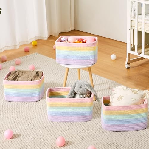 ENAORGAN Set of 4 Rainbow Rope Basket for Shelves Woven Rectangle Storage Basket Bins for Nursery Toy Storage for Baby Girl