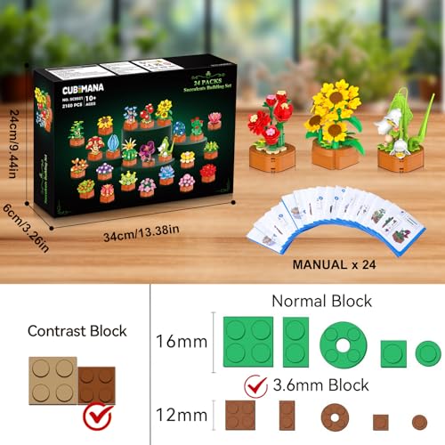CUBIMANA 24 Pack Mothers Day Flowers Succulents Building Set - 2160PCS Botanical Collection 3.6MM Mini Flower Kit for Home...