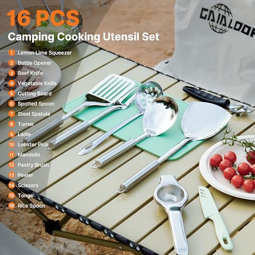 Gaialoop Portable Camping Cooking Utensils Set, Camp Kitchen Set with Organizer Bag, RV Essentials Outdoor Cooking Utensil...