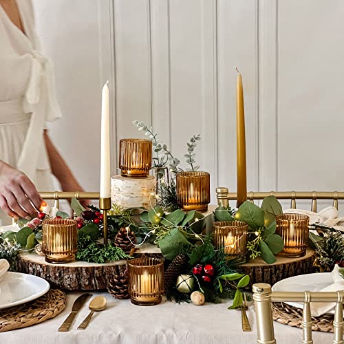 Kate Aspen Vintage Glass Tealight & Amber Votive Candle Holders (Set of 6) Rustic Fluted Candle Holder Set, Boho Home Deco...