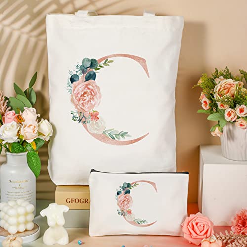 Sanwuta 2 Pcs Initial Canvas Tote Bag Wedding Gift Floral Letter Travel Cosmetic Bag Monogrammed for Woman Wedding