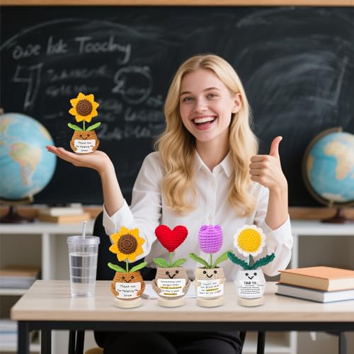 Teacher Appreciation Gifts,Emotional Support Crochet Sunflower Flowers Plants, Thank You for Helping Me Grow, Thank You Gi...