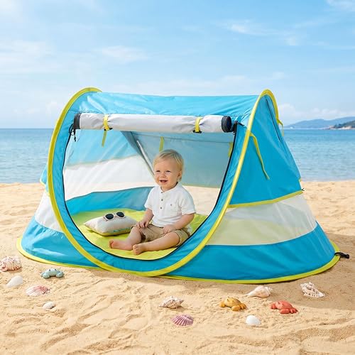 Poray Portable Baby Beach Tent with UPF 50+ Sun Shelter,Mosquito Net and Sunshade, Ideal Pop Up Kids Travel Tent with Carr...