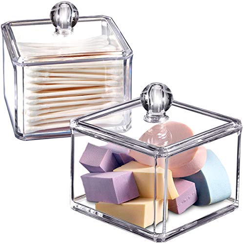SheeChung 2-Pack Modern Square Acrylic Qtip Holder - Clear Apothecary Jars with Lids - Bathroom Vanity Storage Canister - ...