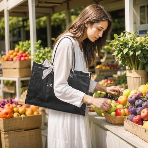 Lushandy PVC Tote Bag for Women, Large Plastic Tote Purse Work Kraft Paper Letter Print Shoulder Bag Carry All Hobo Handbag