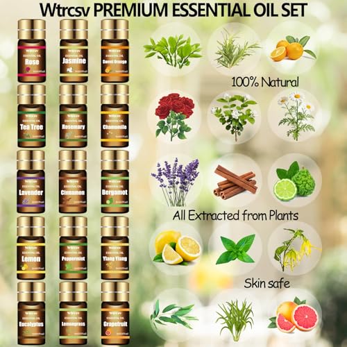 Wtrcsv Essential Oils Set - Top 15 Scents for Diffuser, Humidifier, Skin Care, Aromatherapy, Massage, Candle & Soap Making...
