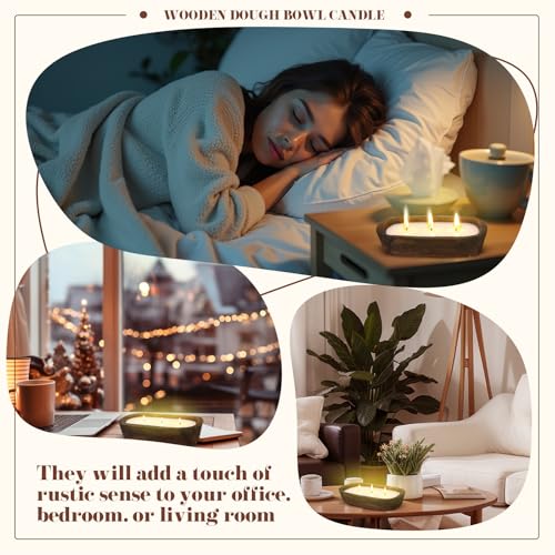 Threlaco 1 Pack 10 Inch Wood Dough Bowl Candles Home Rustic Dough Bowl Soy Candle 3 Wick Scented Candles Gifts for Men Wom...