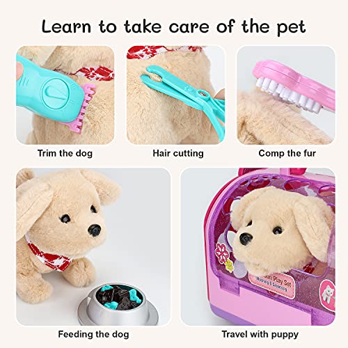 Sotodik Pet Care Play Set Electric Vet Play Set-Walking ,Barking,Tail Wagging Little Plush Dog Grooming Toys with Puppy Ca...