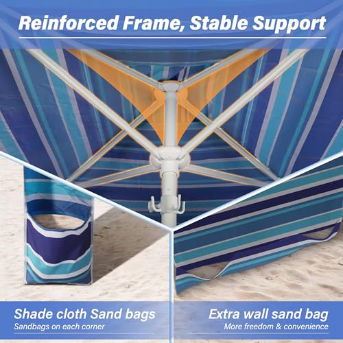 Beach Cabana-6.6x6.6’Beach Canopy with Side Wall,Portable Umbrella Tent with Sand Pockets for Family & Friends,Easy Up Bea...