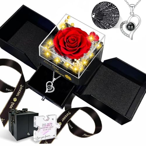 Megapuxin Preserved Real Rose with Heart Necklace for Her, I Love You Necklace 100 Languages Projection, for Mom Wife Girl...