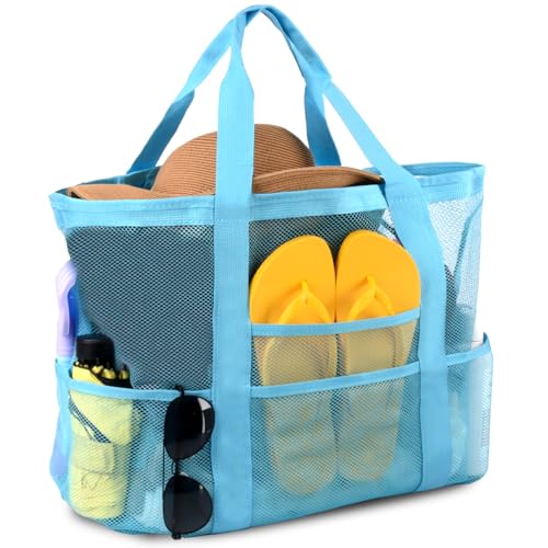 CaCTOUR Mesh Beach Bag,Large Beach Bags for Women with 8 Pockets,Packable Tote Bag for Beach Cruise Pool Vacation Essentials