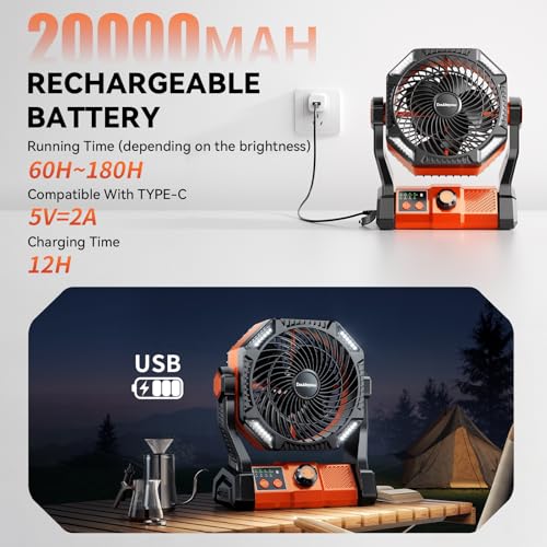 Camping Fan, 20000mAh Rechargeable Battery Powered Outdoor Tent Fan with Light and Hook, 6 Speed, Personal USB Desk Fan fo...