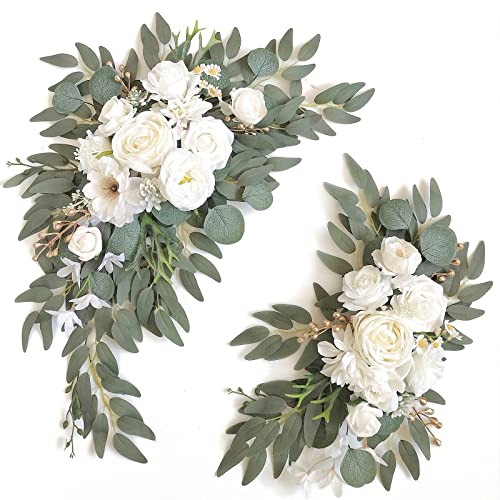 Piklado Faux Arch Flower Swag Set of 2 for Wedding Welcome Signs Floral Swag Wedding Reception Ceremony Signs Decor (White)