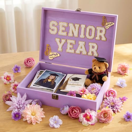 Novabright 50 Pcs 2026 DIY Senior Year Graduation Keepsake Box Kit Large Wooden Memory Box with 3D Butterfly, Flowers, Gli...