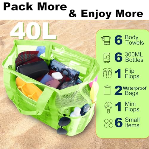 CaCTOUR Mesh Beach Bag,Large Beach Bags for Women with 8 Pockets,Packable Tote Bag for Beach Cruise Pool Vacation Essentials