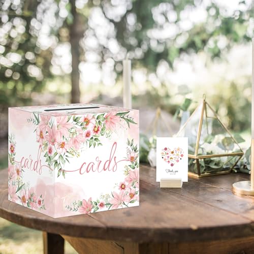 Watercolor Pink Floral Card Box Wedding Card Box Holder Gift Cards Receiving Box for Party Graduation Bridal or Baby Showe...