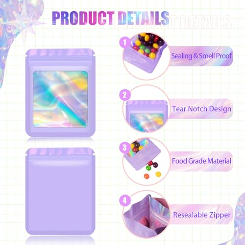 JETMORE 100 pcs Holographic Mylar Bags, Resealable Packaging Bags for Small Business, Freshie Supplies, Candy Sample Jewel...