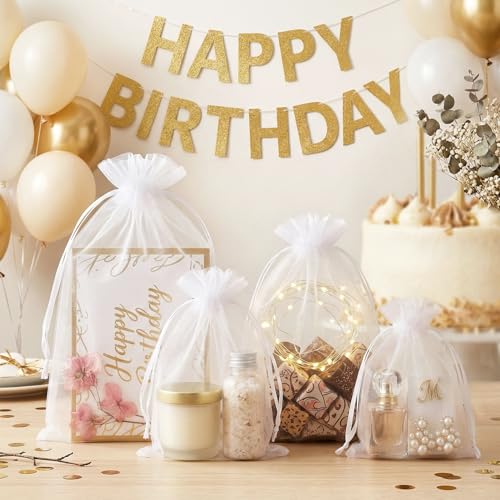 FUNFERY 100 Pcs White Organza Bags 3x4 in, Small Mesh Drawstring Gift Bags for Sachet, Jewelry, Wedding Favor, Candy Goodi...