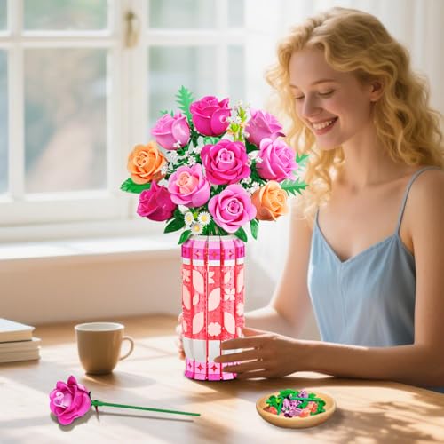 CUBIMANA Romantic Pink Roses Bouquet Building Set with Vase & LED Light- Gifts for Mothers Day - 3.6MM Mini Flowers Buildi...