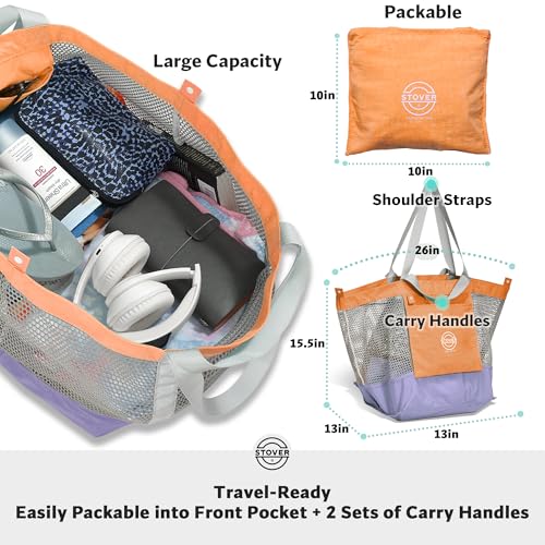 STOVER Extra Large Mesh Beach Bag, Vacation, Pool, Shopping & Travel Tote - Foldable w/Storage Pouch & Pockets for Women, Men