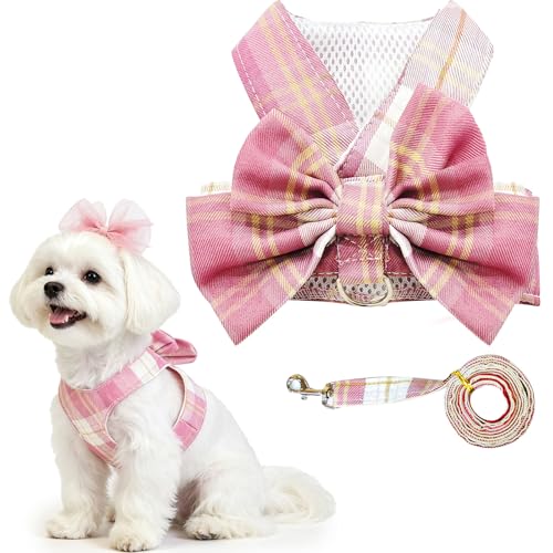 UETZLTB Cute Dog Harness and Leash Set with Bow Tie Soft Mesh Plaid Girl Puppy Harness No Pull Pet Cat Dog Vest Harness fo...