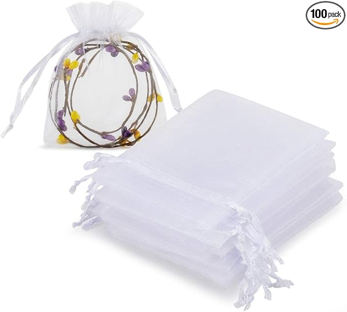 HRX Package 100pcs White Organza Jewelry Bags Drawstring 3 x 4 inch, Little Mesh Gift Pouches Mini Candy Bags for Small Pr...