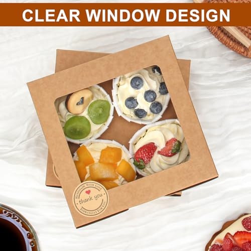 OAMCEG 50 PCS Cupcake Boxes with Window, 6x6x3 Inch Cookie Boxes, Brown Bakery Containers for Pastry, Dessert, Chocolate S...