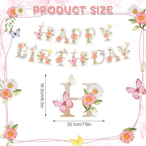Flower Happy Birthday Banner Wildflower Butterfly Birthday Decorations Spring Floral Happy Birthday Sign for Women Girls F...