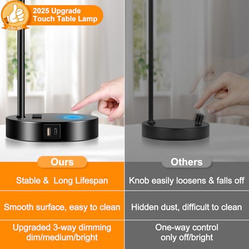 Set of 2 Industrial Touch Control Table Lamps with USB C+A Ports and AC Outlet - 3-Way Dimmable Black Bedside Lamps Nights...