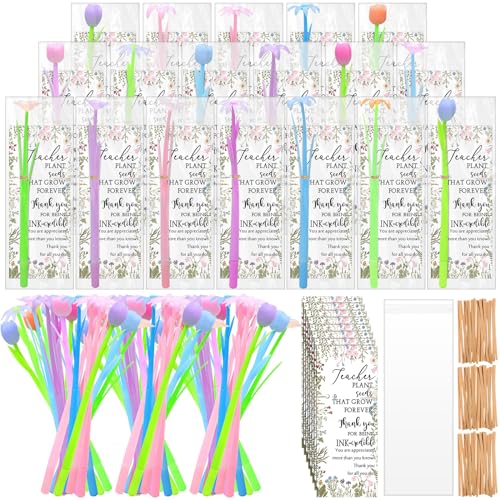 Spakon 36 Sets Teacher Appreciation Gifts 36 Color Changing Flower Pens 36 Thank You Cards Tulip Rose Pen for Teachers Tea...