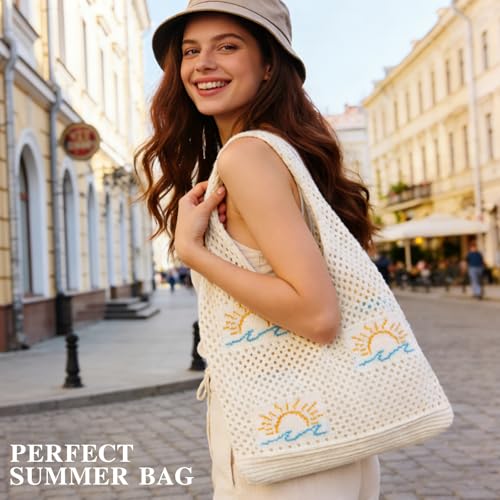 Crochet Beach Tote Bag, Aesthetic Mesh Tote Bag Hippie Bag Knit Bag, Summer Beach Bag for Women