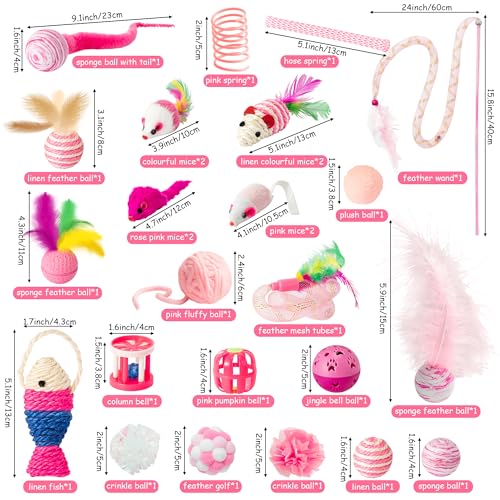 MALLMALL6 Cat Toy Set Interactive Cat Toys 27Pcs Pack Stuff Pink Feather Teaser Wand Springs Mice Sisal Fish Crinkle Balls...