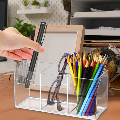 BangBoom 2 Pack Clear Makeup Brush Holder, 3 Compartment Plastic Pen Organizer, Acrylic Silverware Caddy for Storage Desk ...