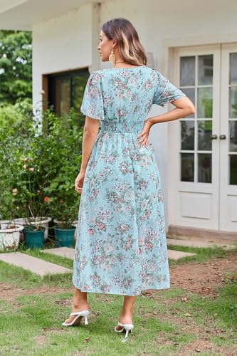 Women's Floral Maxi Dress Flowy V Neck Empire Waist Summer Wedding Guest Party Casual Chiffon Dress