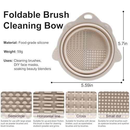 Silicone Makeup Brush Cleaner Bowl-Foldable Brush Cleaning Pad,Portable Cosmetic Brushes Washing Tool Travel,Apricot Gray