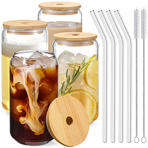 Drinking Glasses with Bamboo Lids and Glass Straw 4pcs Set - 16oz Glass Cups, Iced Coffee Glasses, Cute iced Tea Glasses, ...