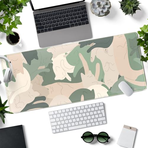 Green Simple Cat Desk Mat Sleeping Cute Long Cool Mouse Pad for Laptop Gaming Computer Keyboard Pad Office Decor Desk Pads...