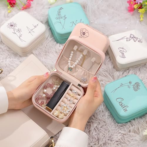 Corissy Personalized Jewelry Box for Women, Custom Travel Jewelry Case with Name and Birth Flower, Leather Jewelry Box for...