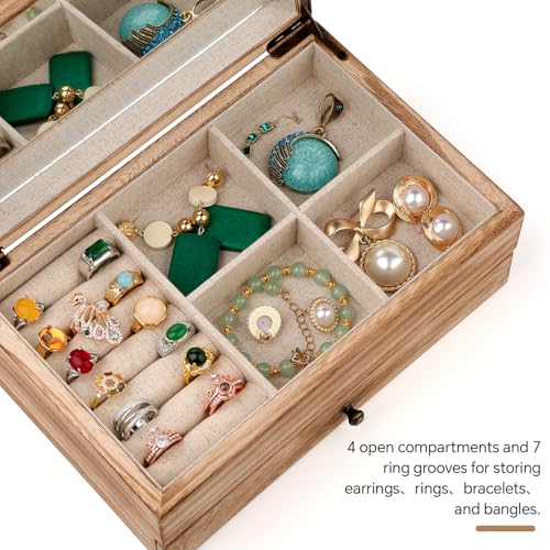 Meangood Jewelry Box Organizer for Women, 2 Layer Large Jewelry Storage Case, Rustic Wooden Jewelry Box with Mirror & Ring...